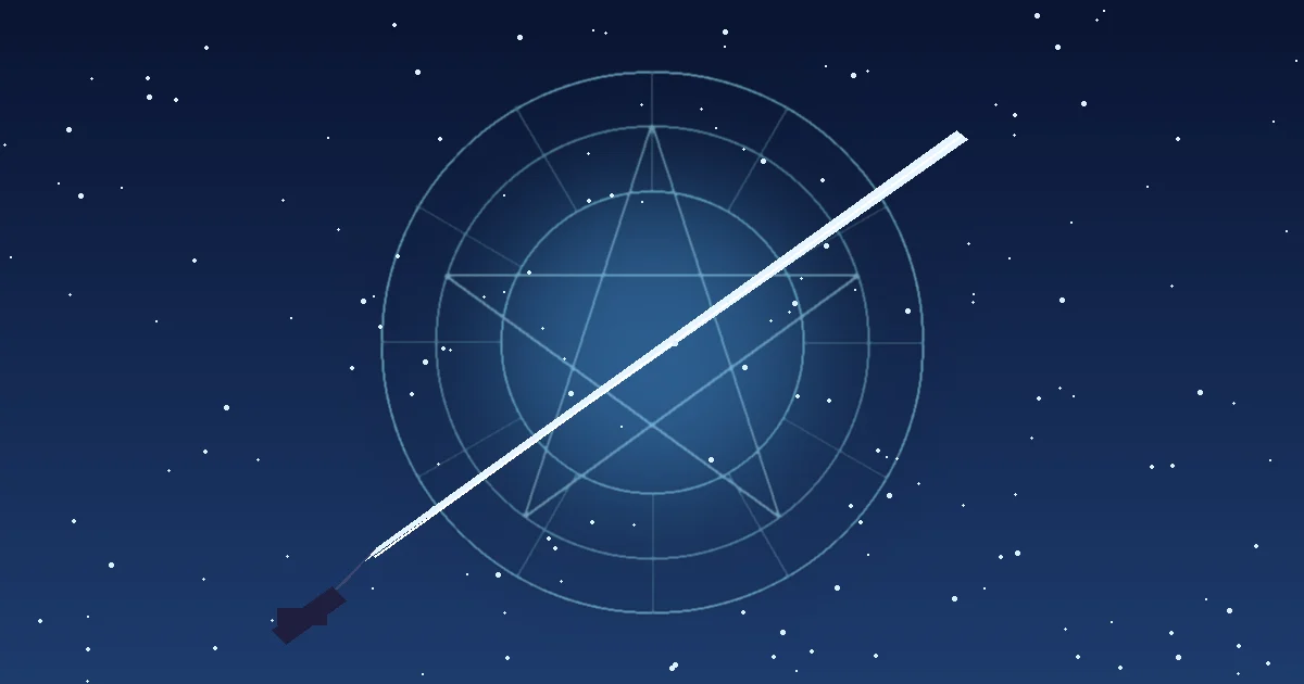 深蓝色星空下,一把细长的刀刃斜斜划过发着冷光的冰蓝色魔法阵