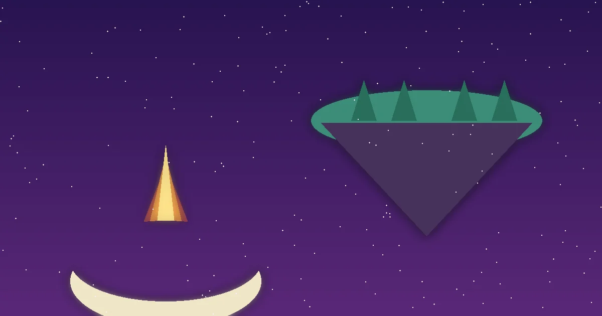紫色夜空下一座漂浮的小岛,地面升起一道火焰,下方是一弯沉睡般的月牙