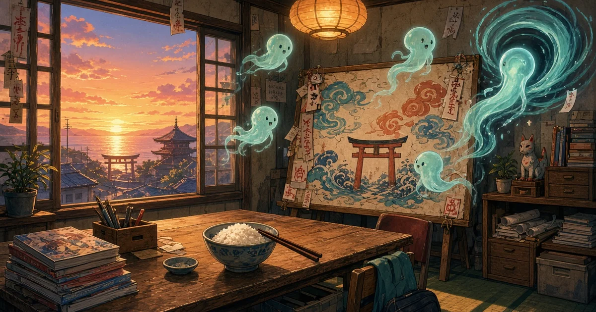 夕阳下海边小镇的社团活动室，桌上有漫画和一碗米饭，几只可爱的半透明幽灵在空中飘荡